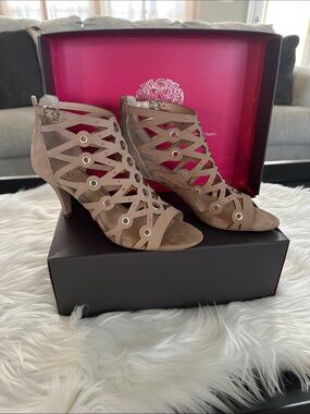 Vince Camuto Taupe Cutout Grommet Heeled Sandals